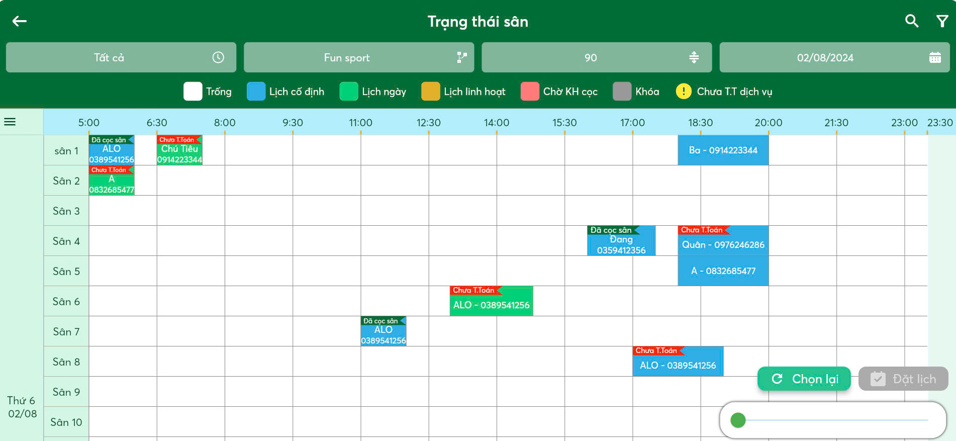 Tính năng xem trạng thái sân